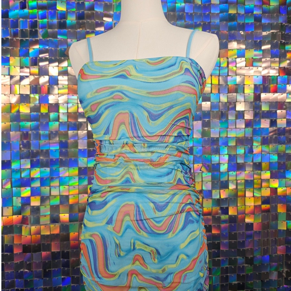 Wild Fable Ruched Bodycon Dress Blue Orange‎ Swirl Mesh Spaghetti Strap Midi XS